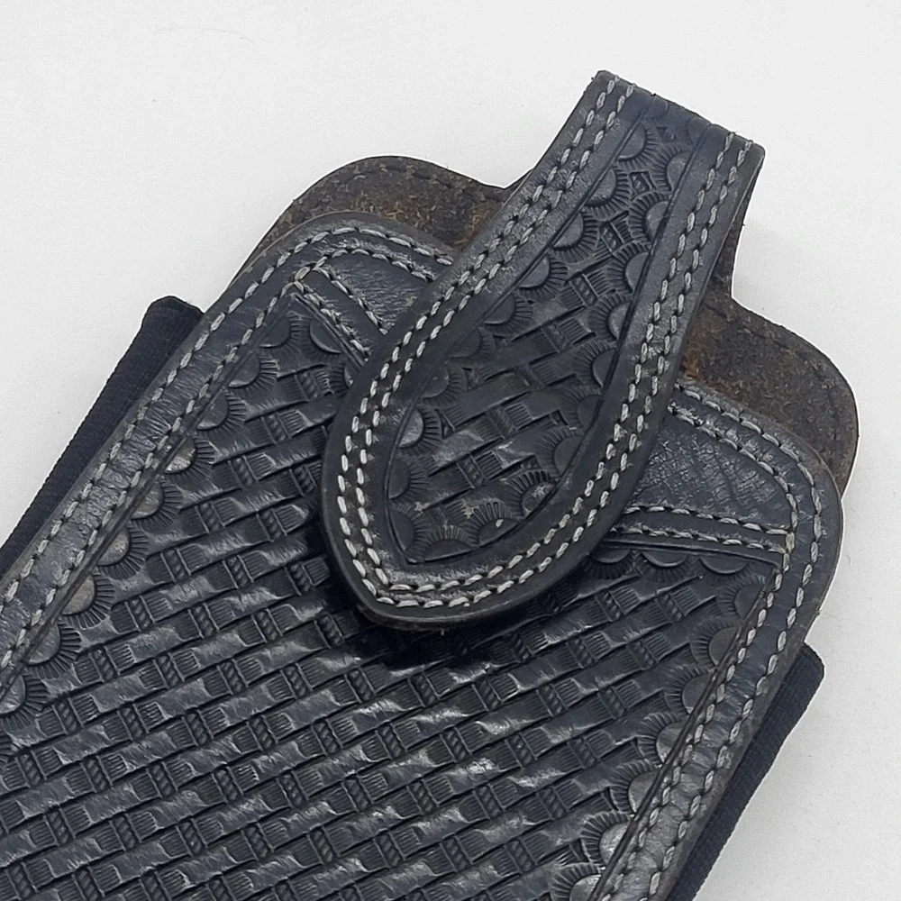 Western Black Leather Phone Holster With Basketweave Pattern And Swivel Clip - Picture 2 of 14